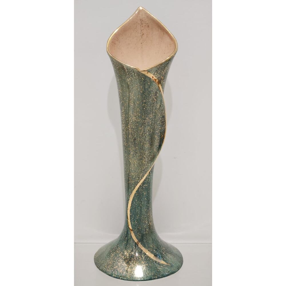 Hedi Schoop California Pottery Calla Lilly 10 1/4" Vase Green Gold Model 478